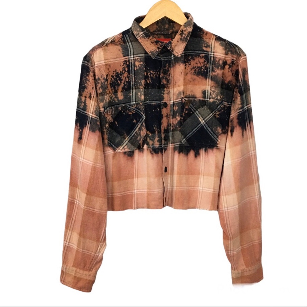 UpCycle Bleached Dyed Cropped Flannel Reworked Grunge Punk - Picture 1 of 7